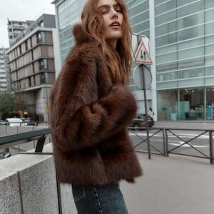 Zara Faux Fur Coat Brown XL New With Tags